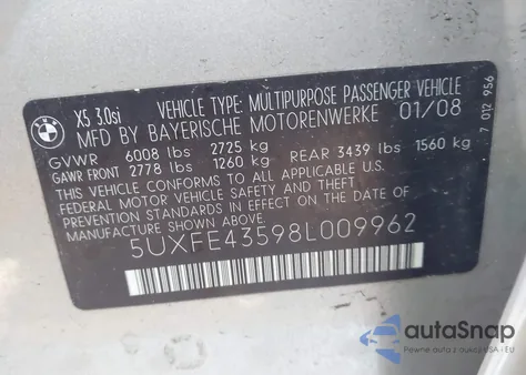 2008 BMW X5 3.0Si from USA, damaged, VIN 5UXFE43598L009962